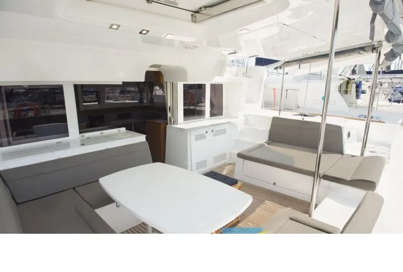 Deck of Hydra VIII, a Lagoon 450 F catamaran at Athens, Greece
