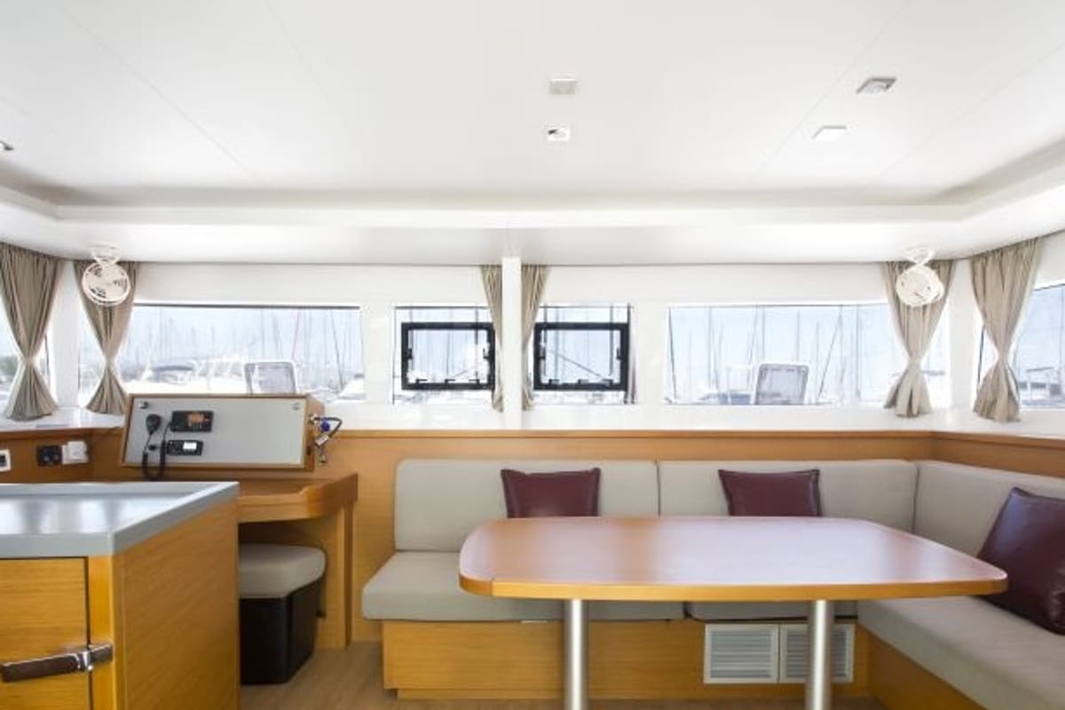 Salon of Hydra VIII, a Lagoon 450 F catamaran at Athens, Greece