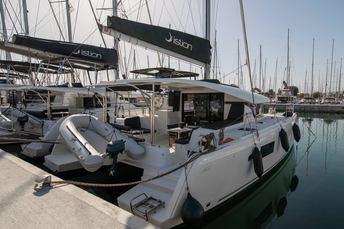 Exterior view of Karteria, a Lagoon 42 catamaran at Athens, Greece