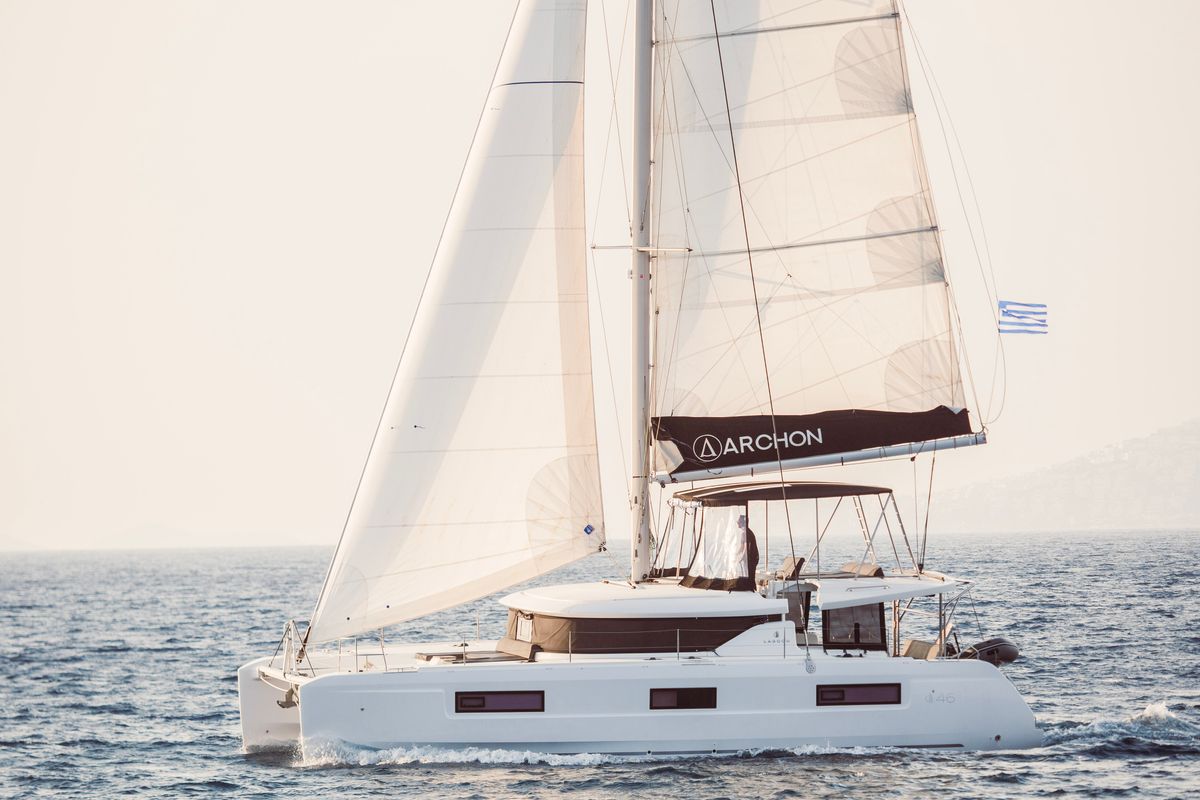 Exterior view of Si Mi Amor, a Lagoon 46 catamaran at Kos, Greece