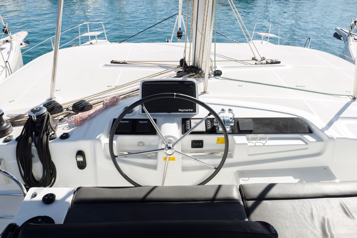 Cockpit of Si Mi Amor, a Lagoon 46 catamaran at Kos, Greece