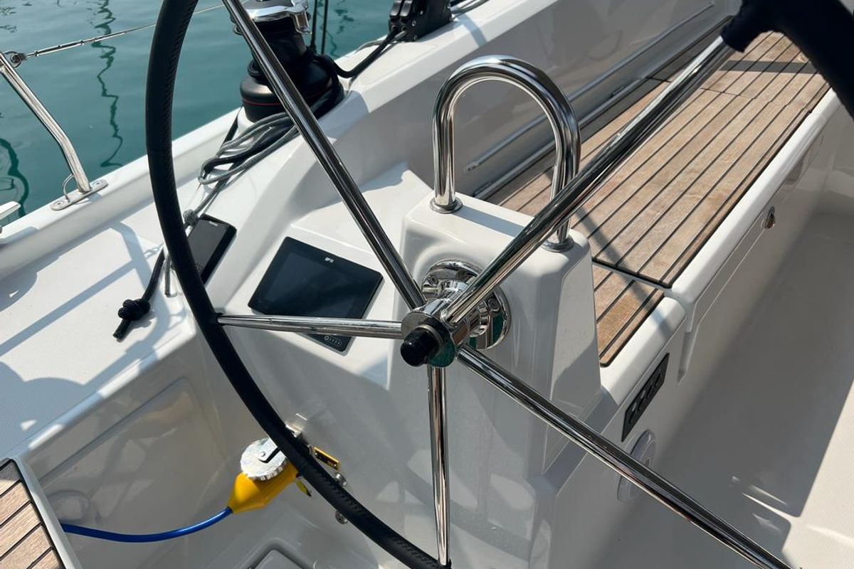 Cockpit of Rosalba, a Beneteau Oceanis 40.1 sailboat at Capo d'Orlando, Italy