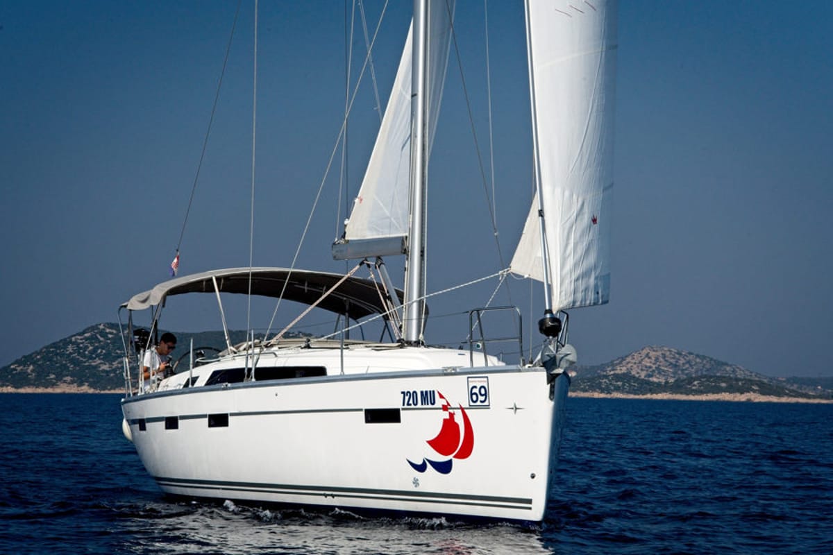 Exterior view of MH 63, a Bavaria Cruiser 41 sailboat at Murter, Croatia