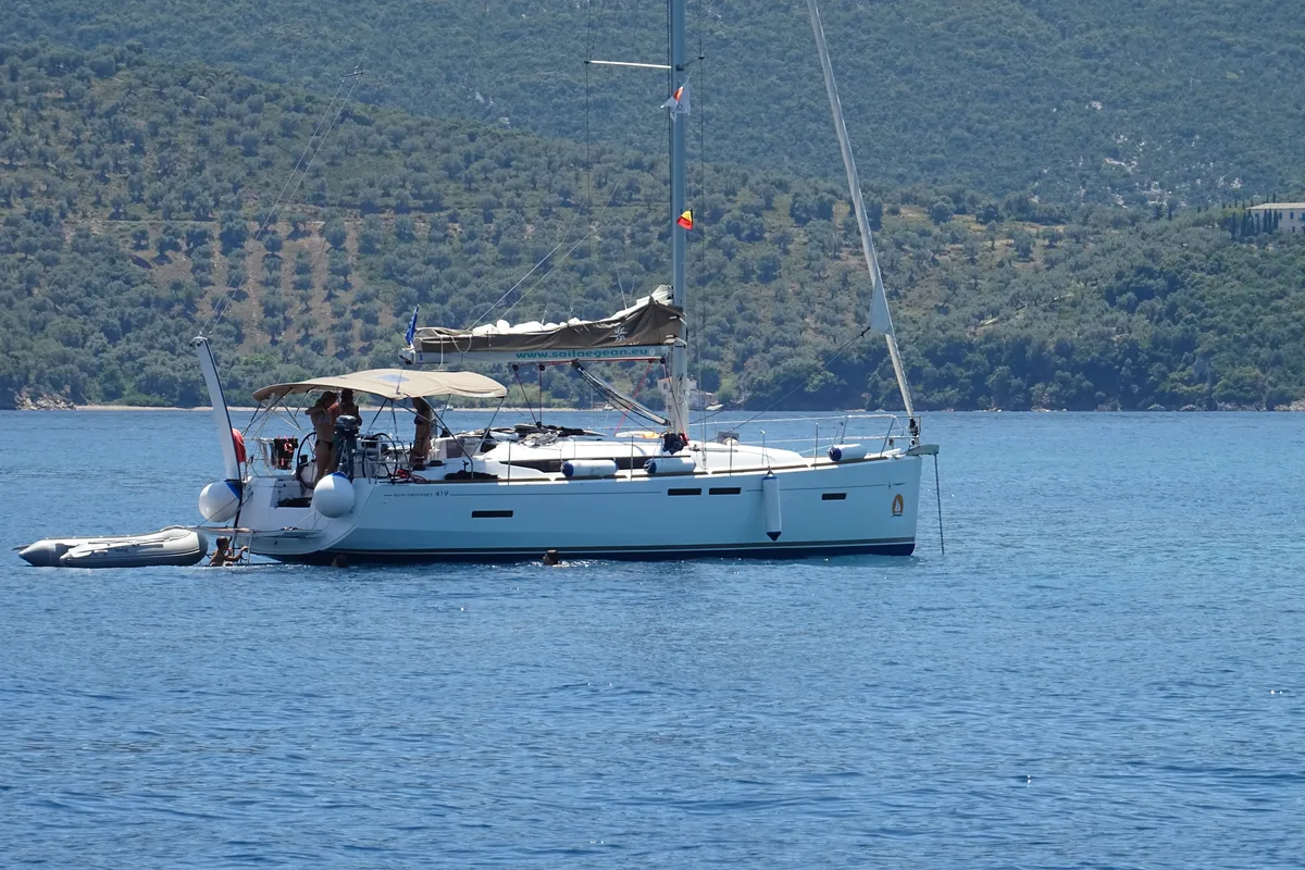 Exterior view of Eione, a Jeanneau Sun Odyssey 419 sailboat at Volos Municipality, Greece
