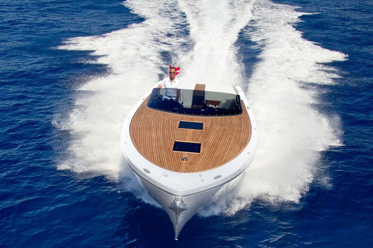 Exterior view of Adriatic Falcon, a Frauscher 1017 GT motorboat at Grad Kaštela, Croatia