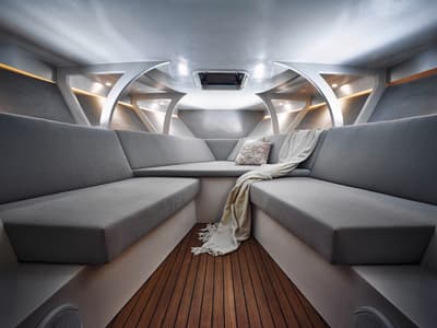 Salon of Adriatic Falcon, a Frauscher 1017 GT motorboat at Grad Kaštela, Croatia