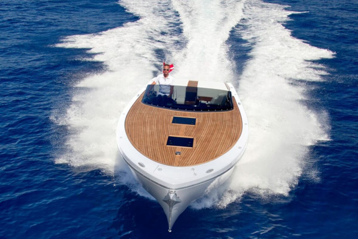 Exterior view of Adriatic Falcon, a Frauscher 1017 GT motorboat at Grad Kaštela, Croatia