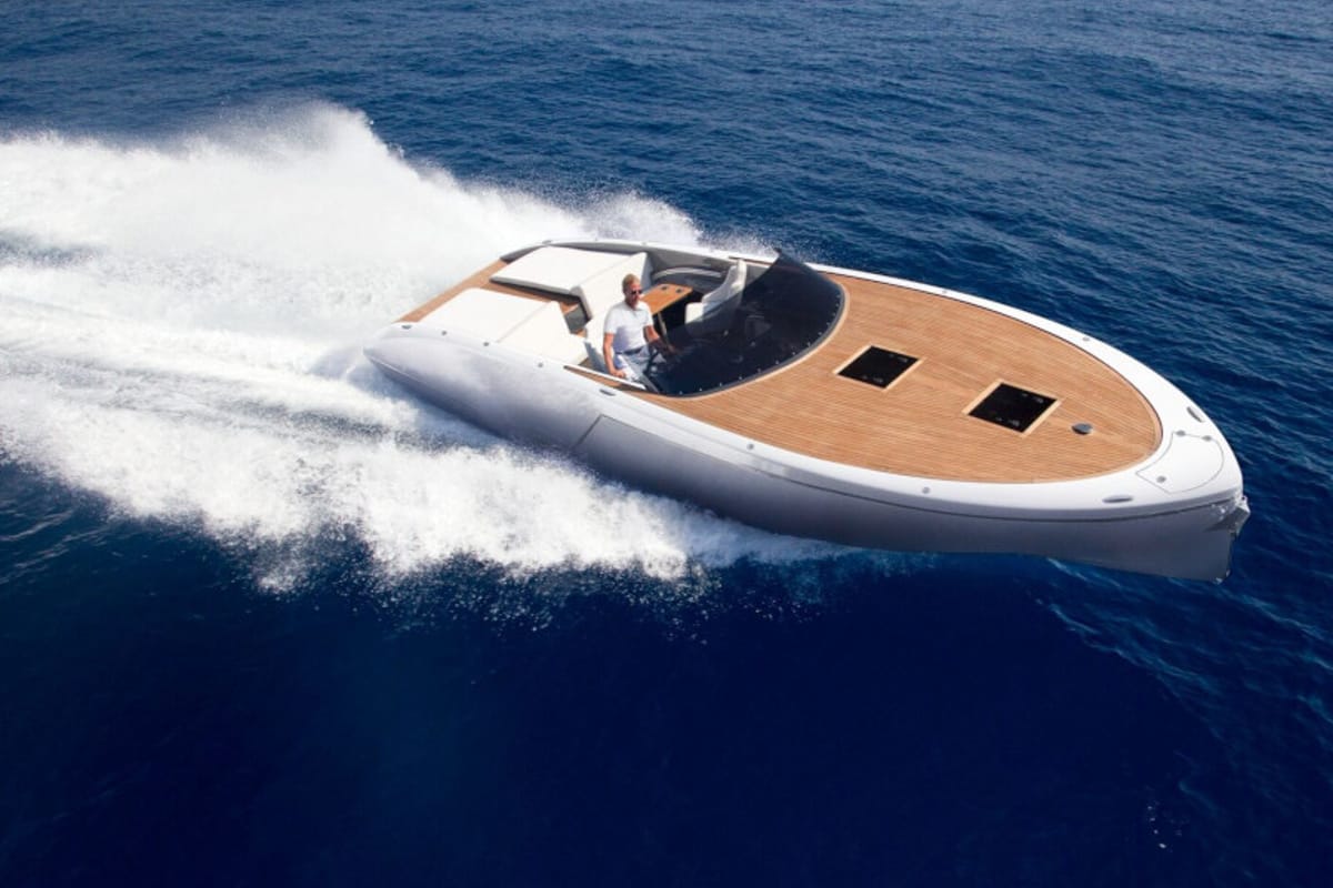 Exterior view of Adriatic Falcon, a Frauscher 1017 GT motorboat at Grad Kaštela, Croatia