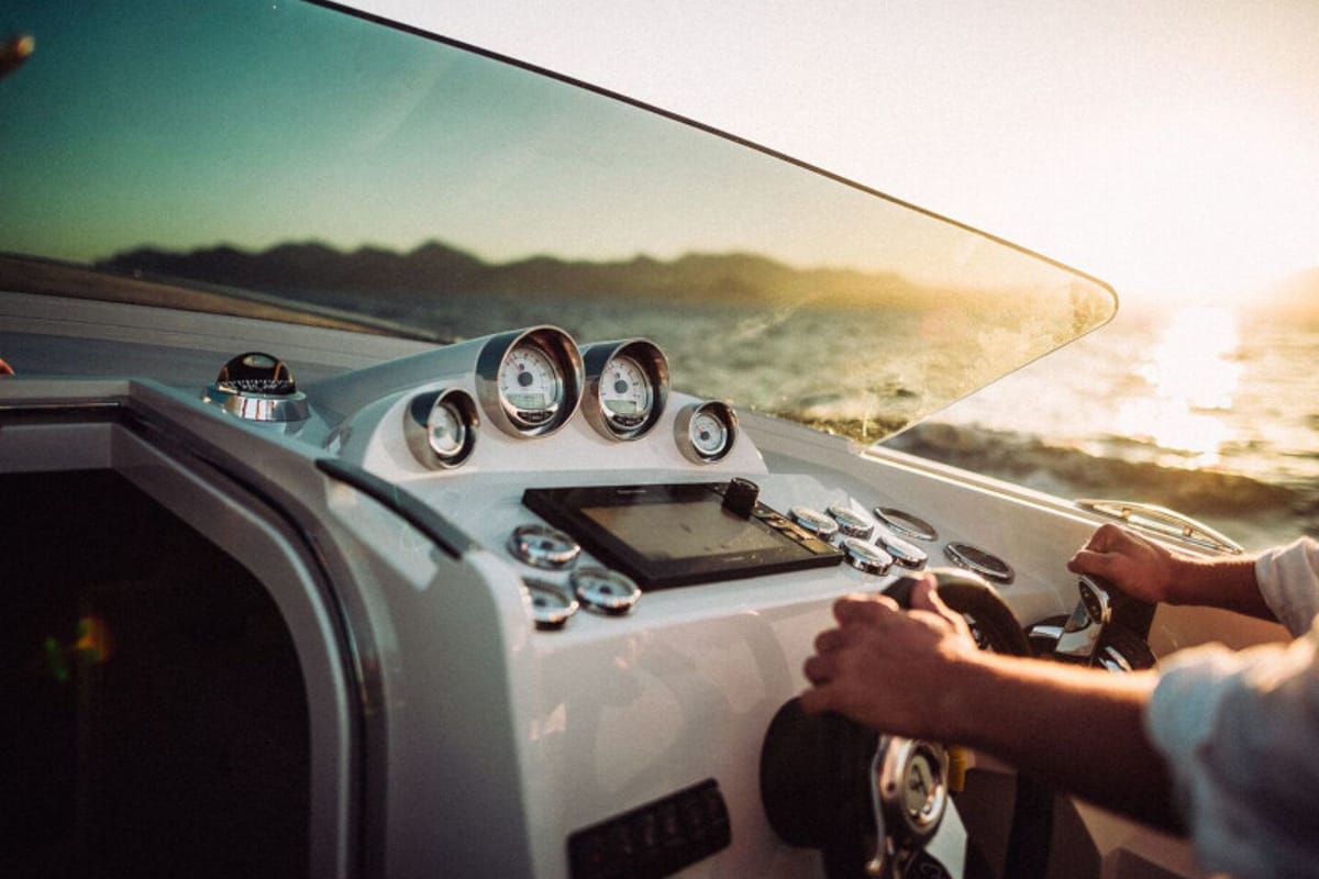 Cockpit of Adriatic Falcon, a Frauscher 1017 GT motorboat at Grad Kaštela, Croatia