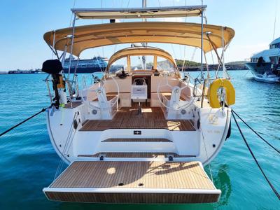 Deck of Io, a Bavaria Cruiser 46 Style sailboat at Lavreotiki Municipal Unit, Greece