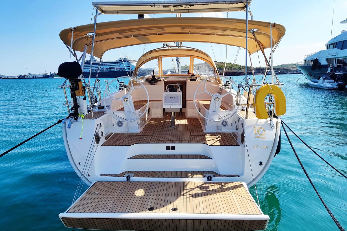 Deck of Io, a Bavaria Cruiser 46 Style sailboat at Lavreotiki Municipal Unit, Greece