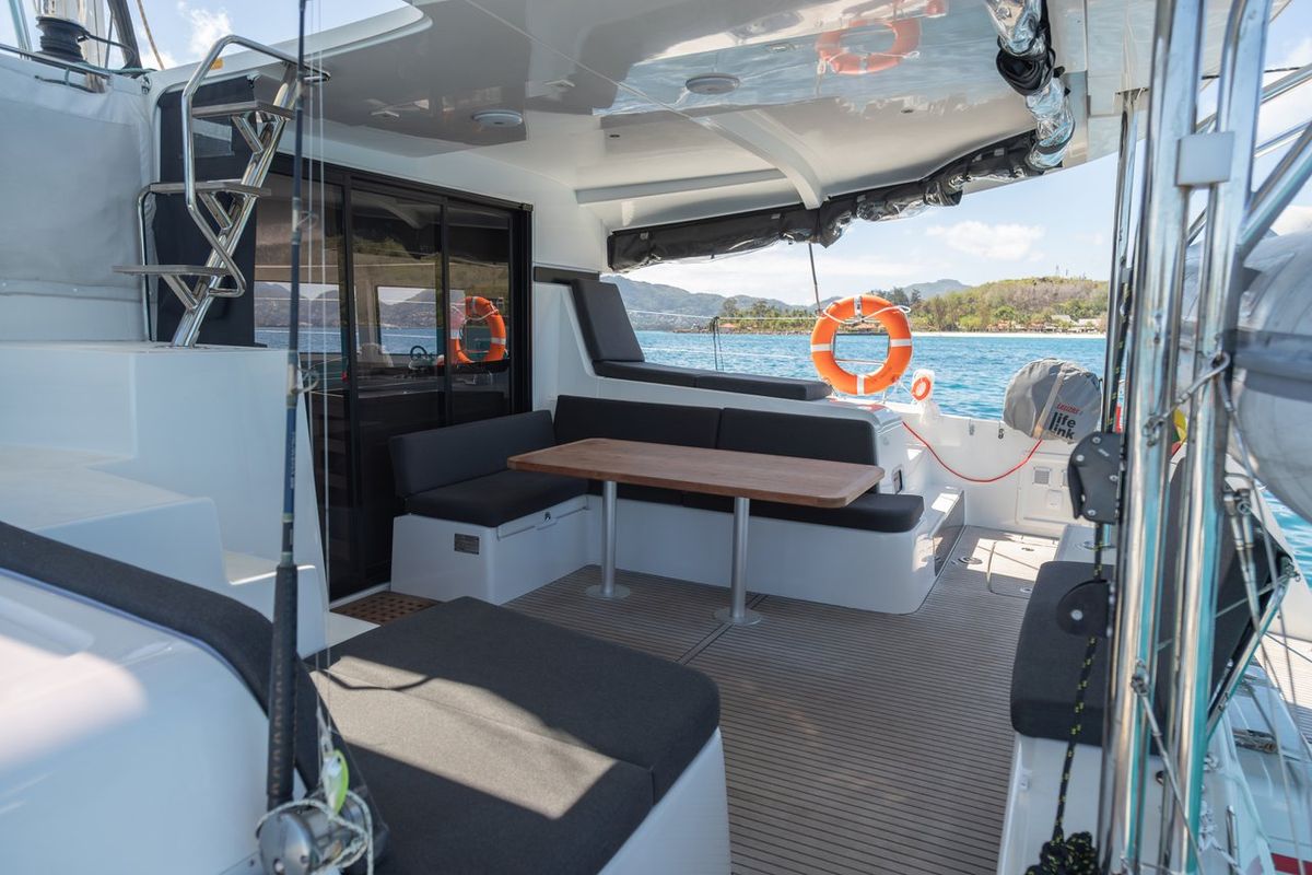 Deck of Vanessa, a Lagoon 42 catamaran at Seychelles, Eden Island Marina, Seychelles