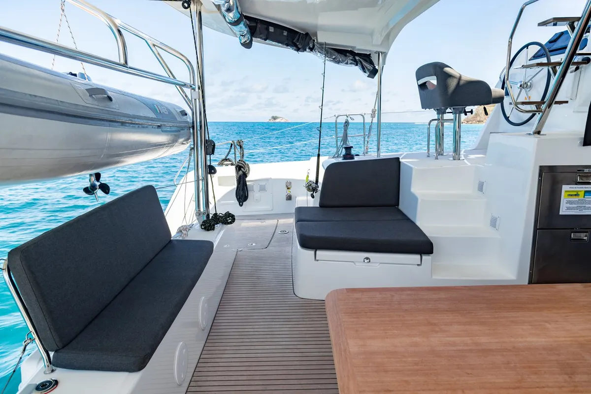 Deck of Vanessa, a Lagoon 42 catamaran at Seychelles, Eden Island Marina, Seychelles