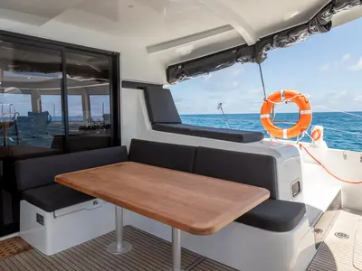 Deck of Vanessa, a Lagoon 42 catamaran at Seychelles, Eden Island Marina, Seychelles
