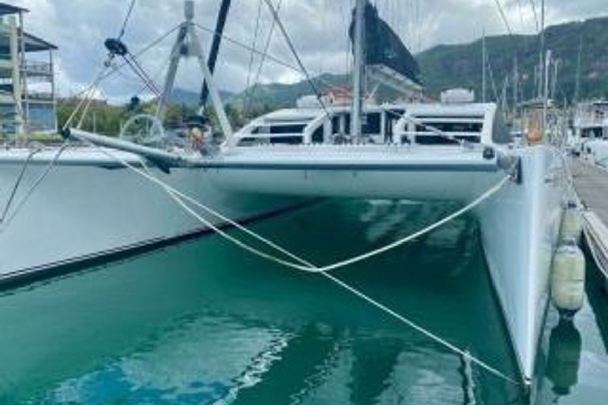 Exterior view of Valerie, a Sea Tribe Yachts Sea-Tribe DH550 catamaran at Seychelles, Mahe, Seychelles