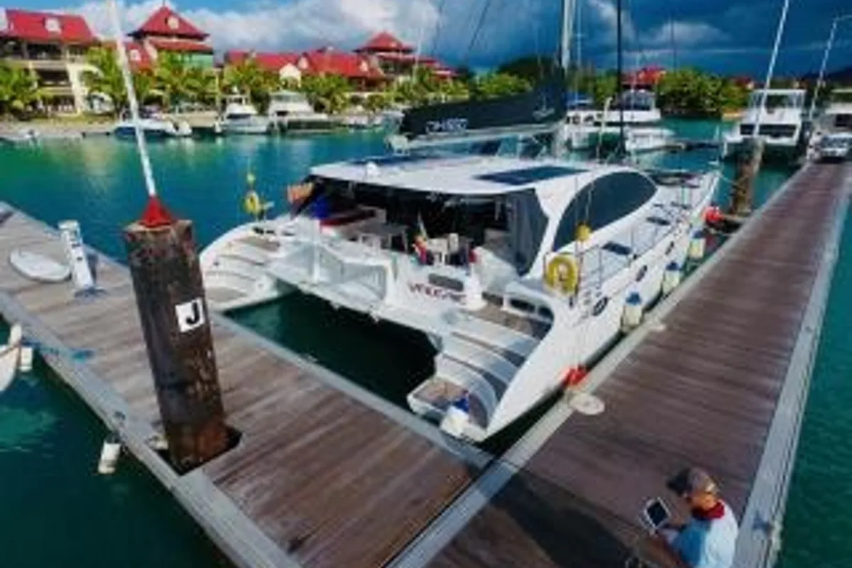 Exterior view of Valerie, a Sea Tribe Yachts Sea-Tribe DH550 catamaran at Seychelles, Mahe, Seychelles