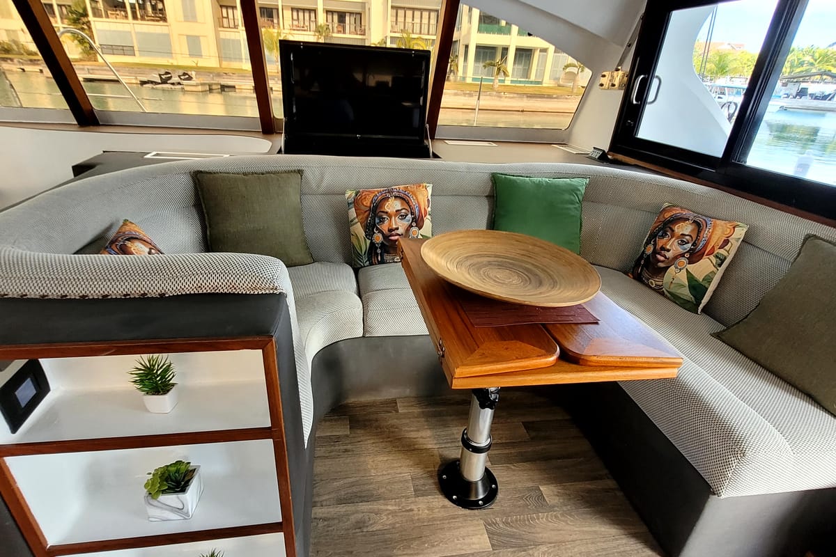 Salon of Valerie, a Sea Tribe Yachts Sea-Tribe DH550 catamaran at Seychelles, Mahe, Seychelles