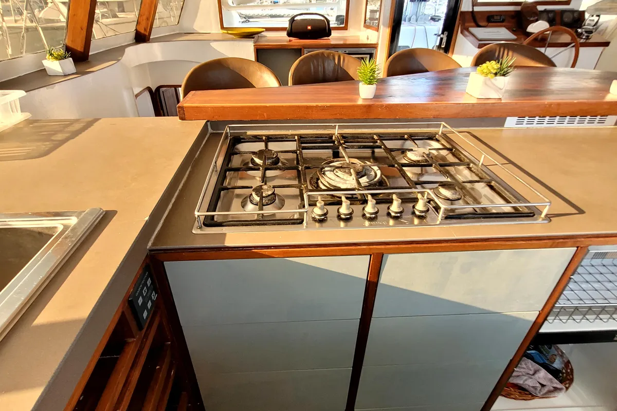 Galley of Valerie, a Sea Tribe Yachts Sea-Tribe DH550 catamaran at Seychelles, Mahe, Seychelles