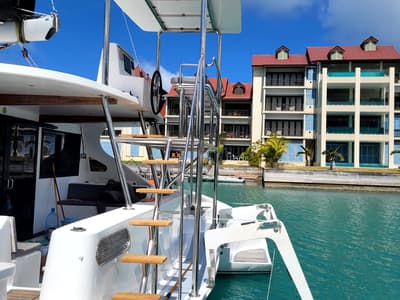 Deck of Valerie, a Sea Tribe Yachts Sea-Tribe DH550 catamaran at Seychelles, Mahe, Seychelles