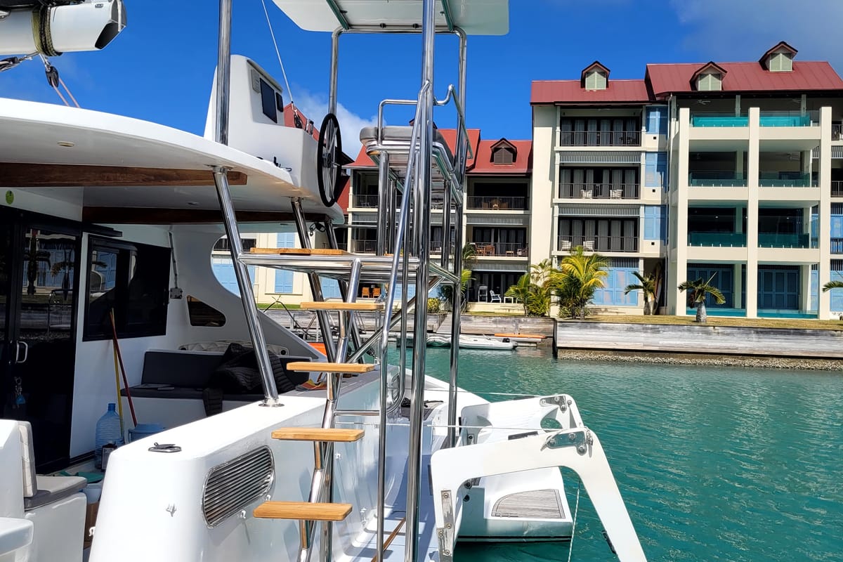 Deck of Valerie, a Sea Tribe Yachts Sea-Tribe DH550 catamaran at Seychelles, Mahe, Seychelles