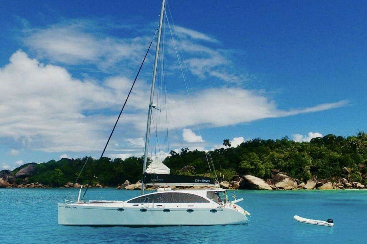 Exterior view of Valerie, a Sea Tribe Yachts Sea-Tribe DH550 catamaran at Seychelles, Mahe, Seychelles