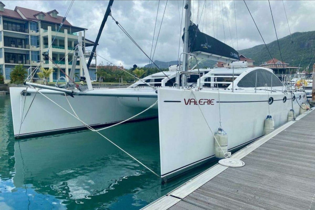 Exterior view of Valerie, a Sea Tribe Yachts Sea-Tribe DH550 catamaran at Seychelles, Mahe, Seychelles