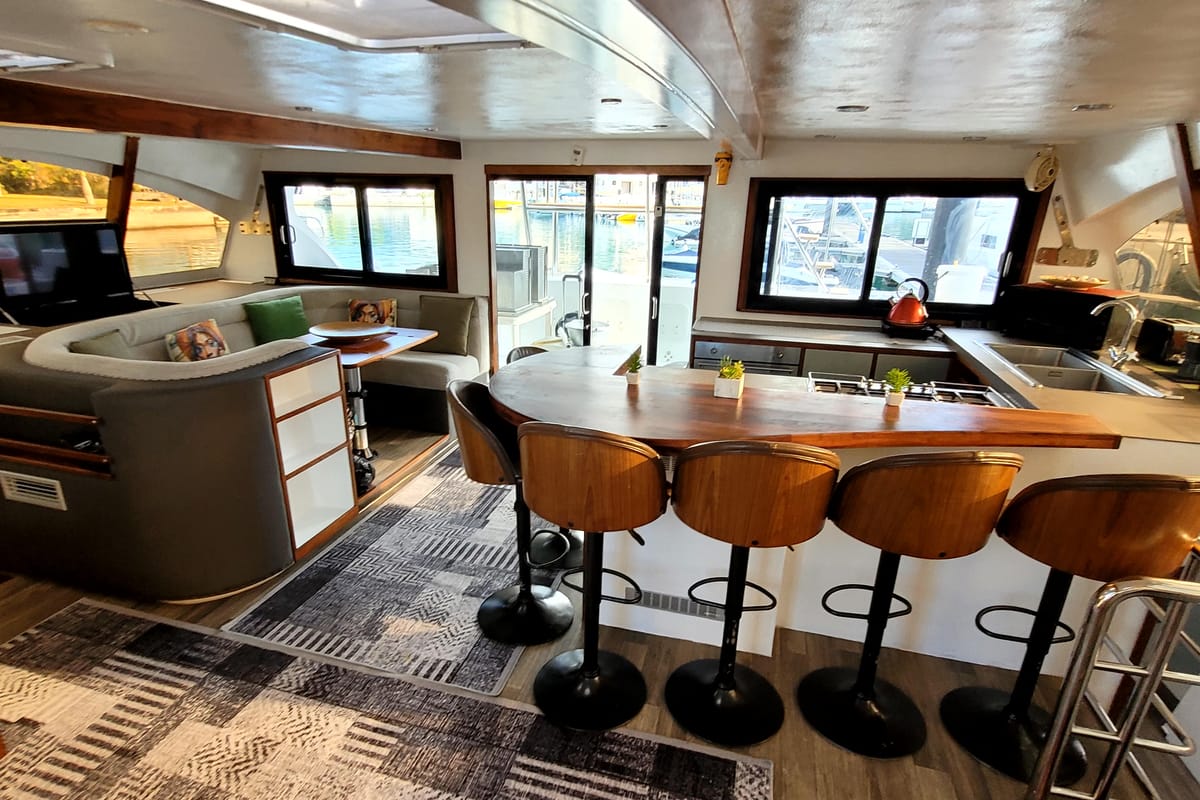 Salon of Valerie, a Sea Tribe Yachts Sea-Tribe DH550 catamaran at Seychelles, Mahe, Seychelles