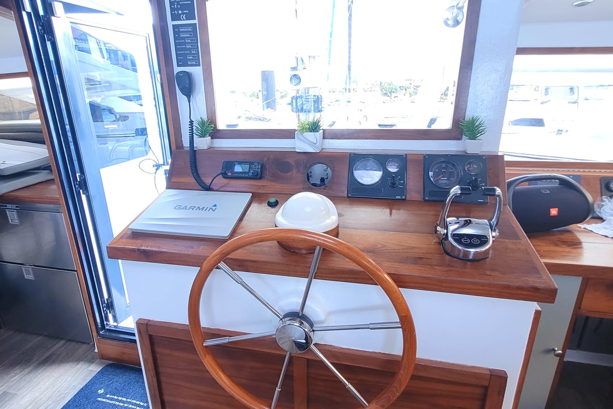 Cockpit of Valerie, a Sea Tribe Yachts Sea-Tribe DH550 catamaran at Seychelles, Mahe, Seychelles