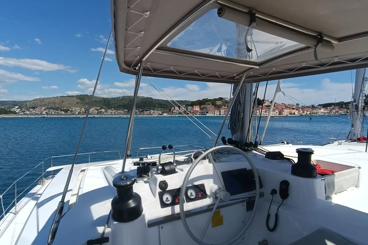 Cockpit of Imagination, a Bali 4.4 catamaran at Grad Trogir, Croatia