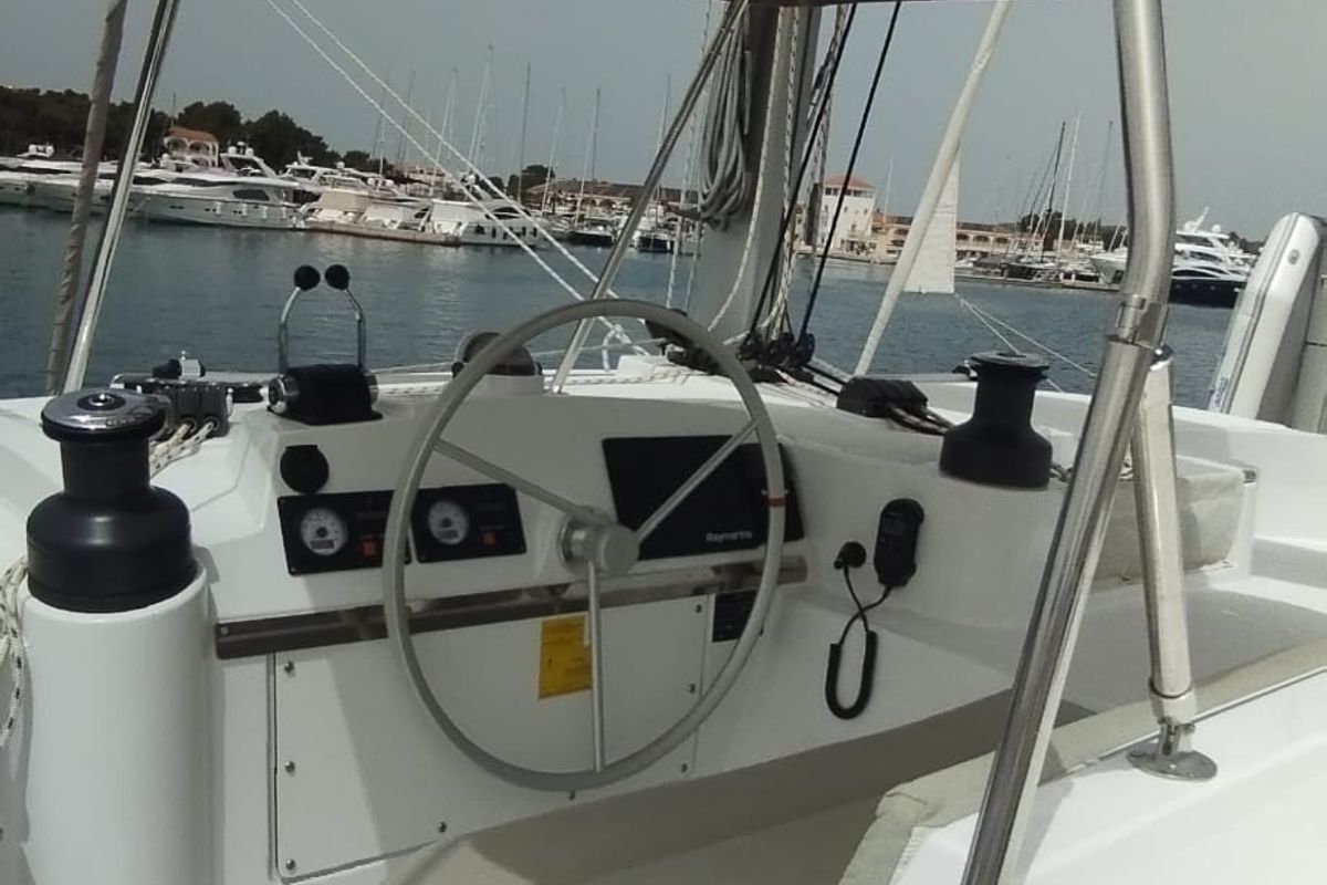 Cockpit of Imagination, a Bali 4.4 catamaran at Grad Trogir, Croatia
