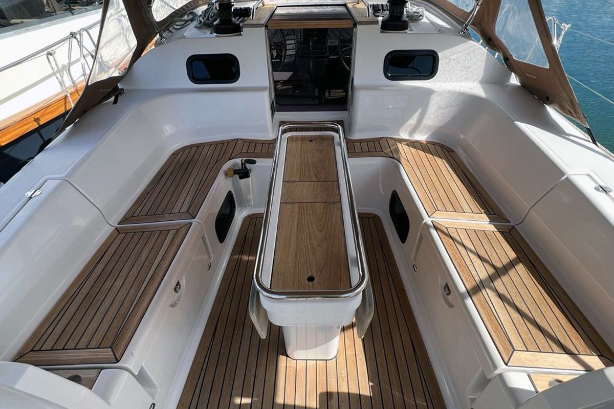 Deck of Kaminari, a Elan Impression 45 sailboat at Punat, Croatia