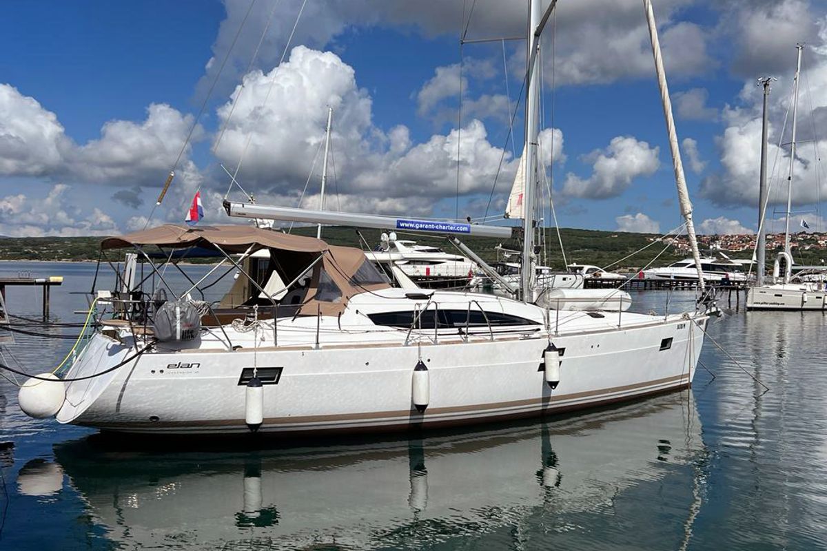 Exterior view of Kaminari, a Elan Impression 45 sailboat at Punat, Croatia
