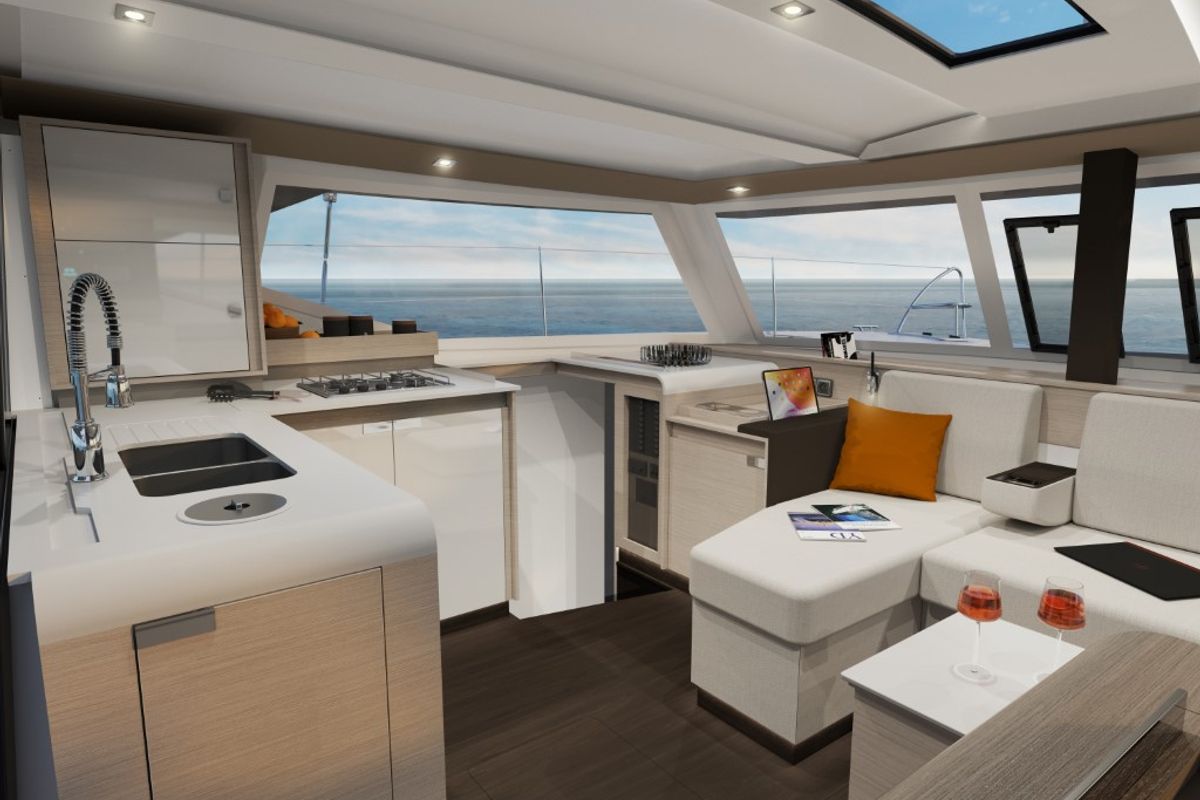 Salon of Dellis Rae, a Fountaine Pajot Isla 40 catamaran at Central Abaco, Bahamas