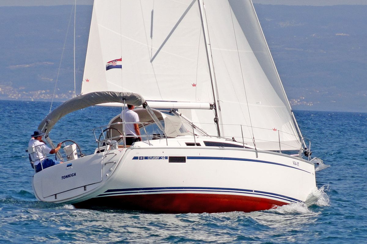Exterior view of Tonkica, a Bavaria Cruiser 34 sailboat at Split, Croatia