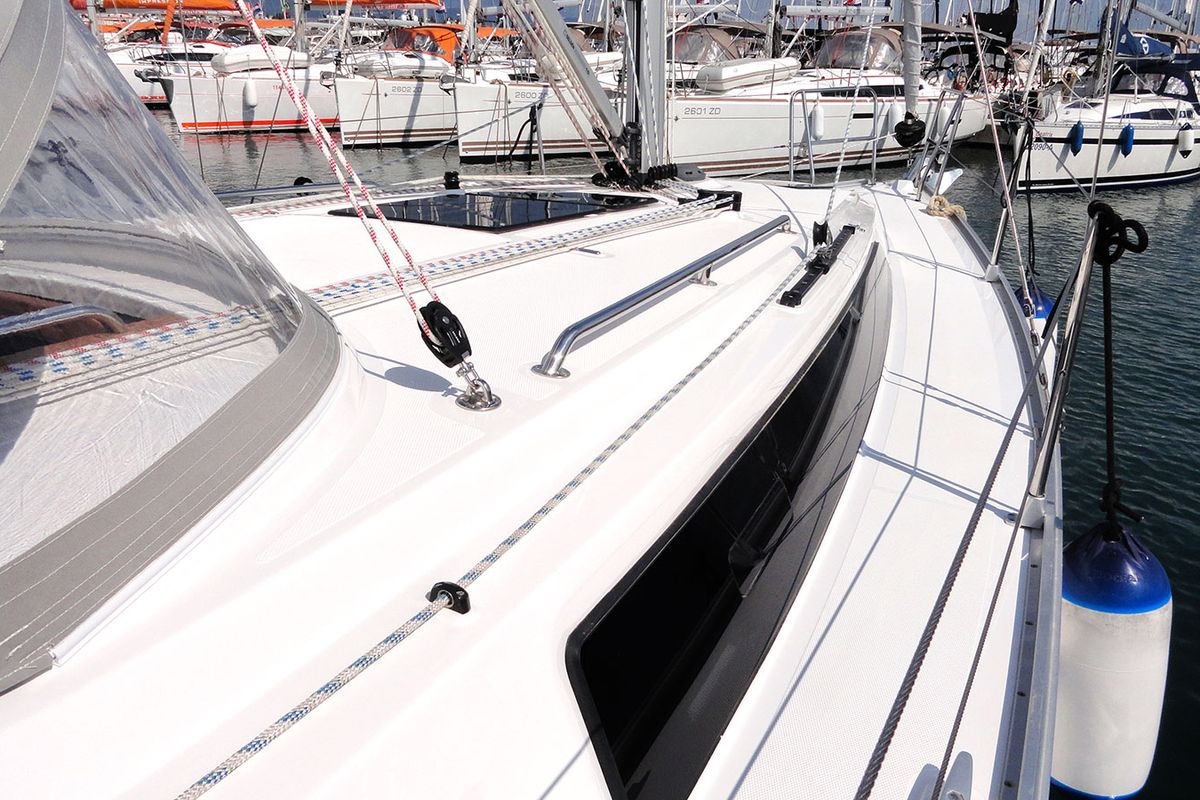 Deck of Tonkica, a Bavaria Cruiser 34 sailboat at Split, Croatia