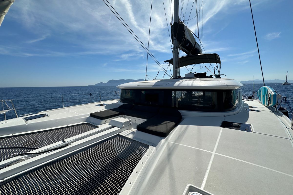 Exterior view of Sella III, a Lagoon 46 catamaran at Figari/Golfo Aranci, Italy