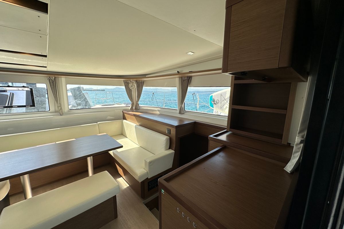 Salon of Sella III, a Lagoon 46 catamaran at Figari/Golfo Aranci, Italy