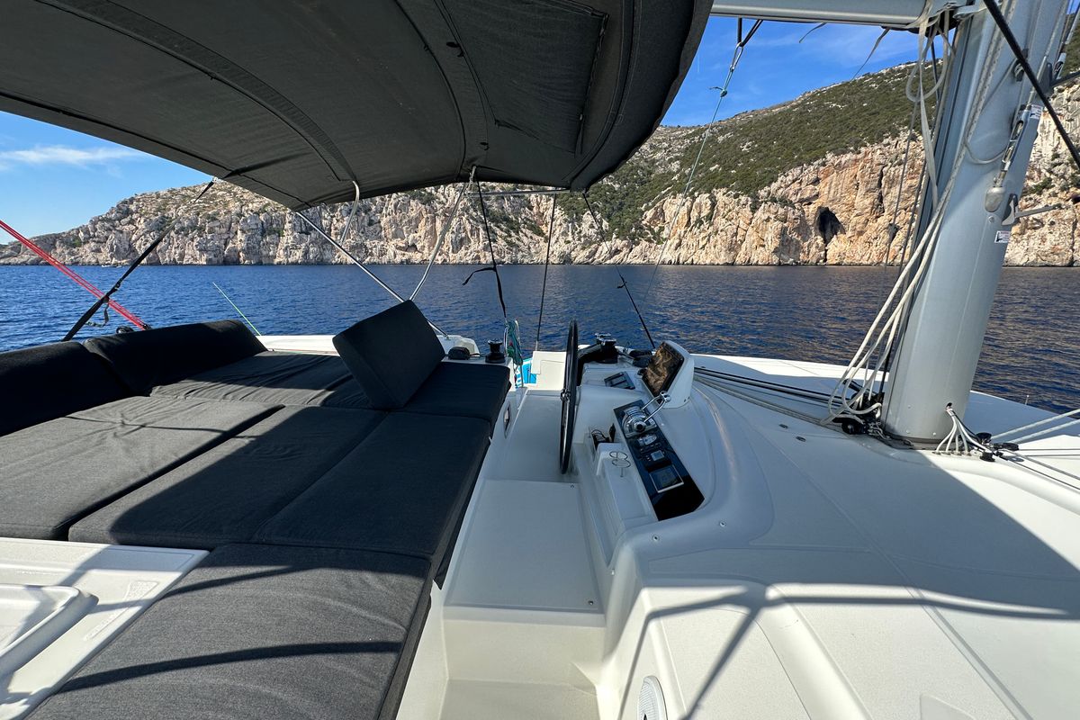 Cockpit of Sella III, a Lagoon 46 catamaran at Figari/Golfo Aranci, Italy
