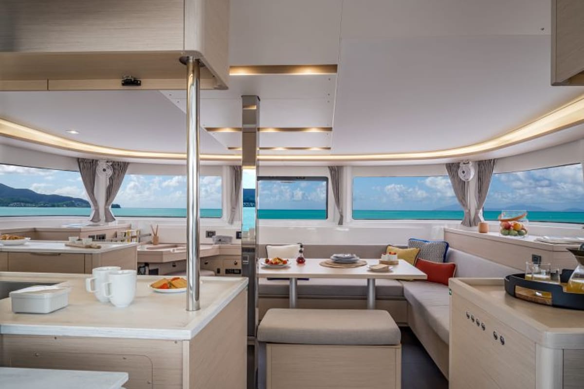 Salon of Sella III, a Lagoon 46 catamaran at Figari/Golfo Aranci, Italy