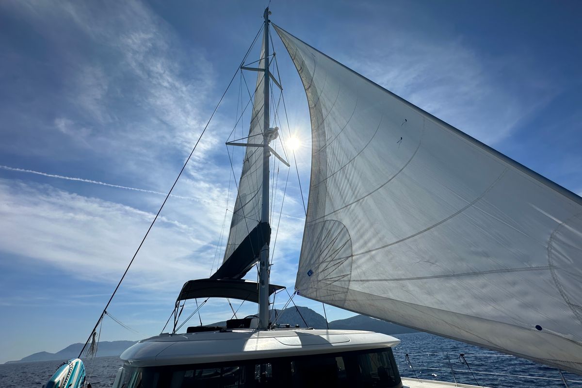 Exterior view of Sella III, a Lagoon 46 catamaran at Figari/Golfo Aranci, Italy