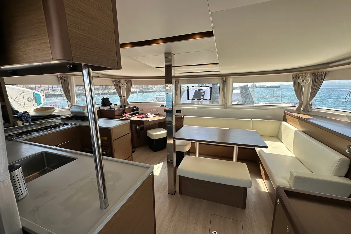 Salon of Sella III, a Lagoon 46 catamaran at Figari/Golfo Aranci, Italy