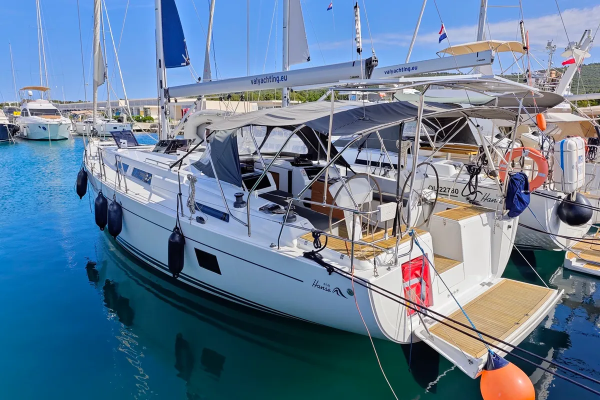 Exterior view of Aura II, a Hanse Yachts Hanse 458 sailboat at Općina Sukošan, Croatia
