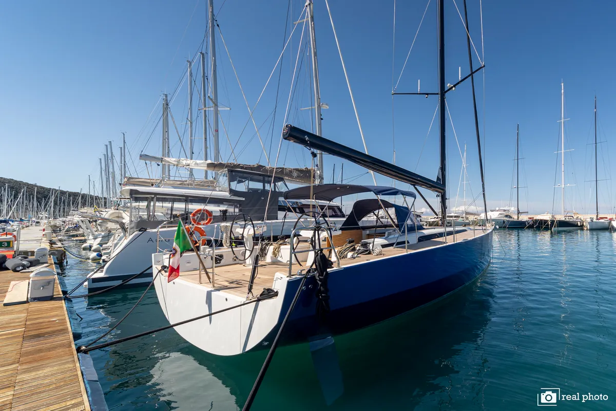 Exterior view of Avalon, a Solaris Yachts Solaris 55 sailboat at Olbia, Italy