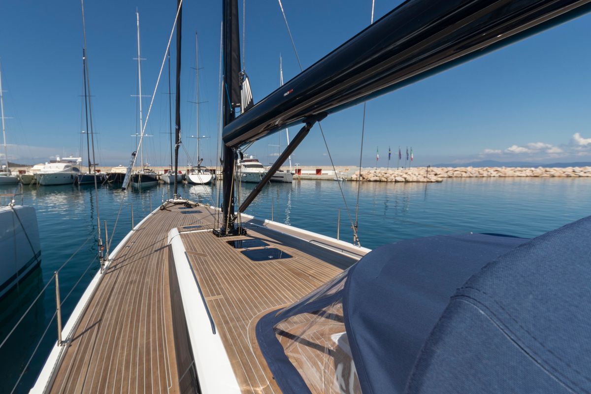 Deck of Avalon, a Solaris Yachts Solaris 55 sailboat at Olbia, Italy