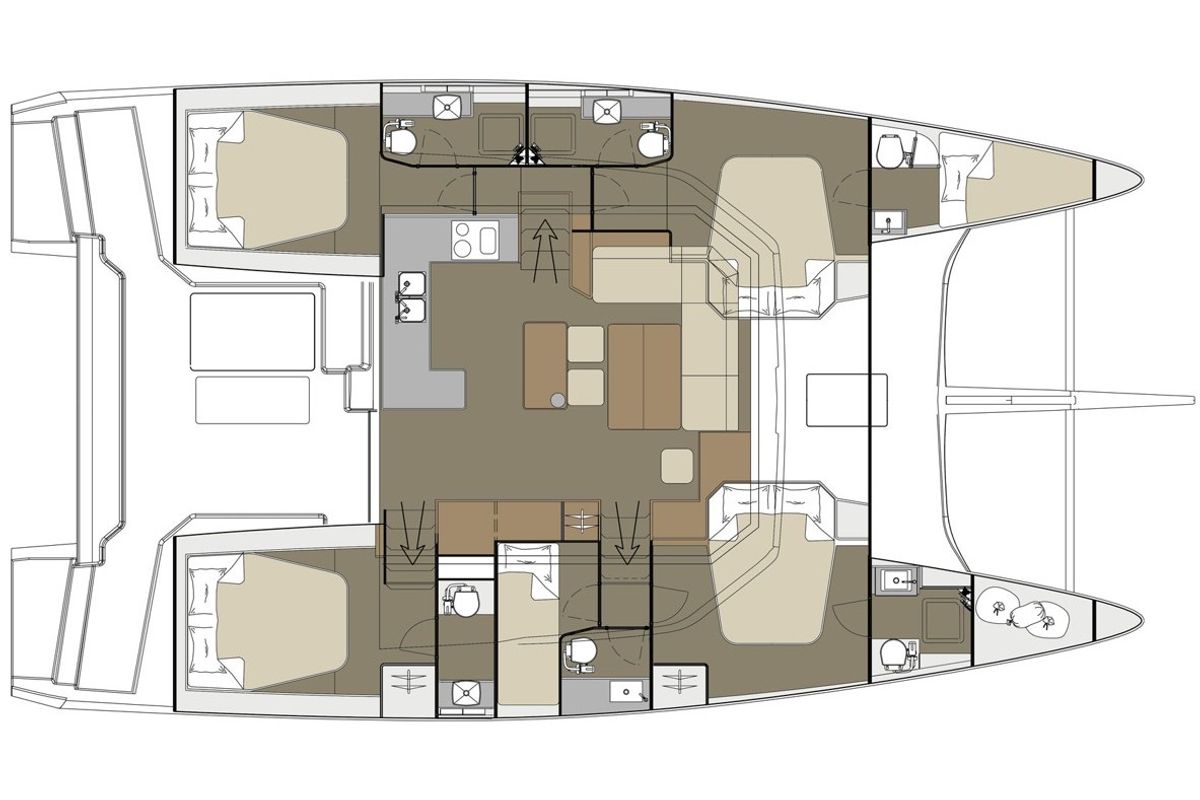 Floor plan of Paradise Planet, a Dufour Catamaran 48 catamaran at Marsala, Italy