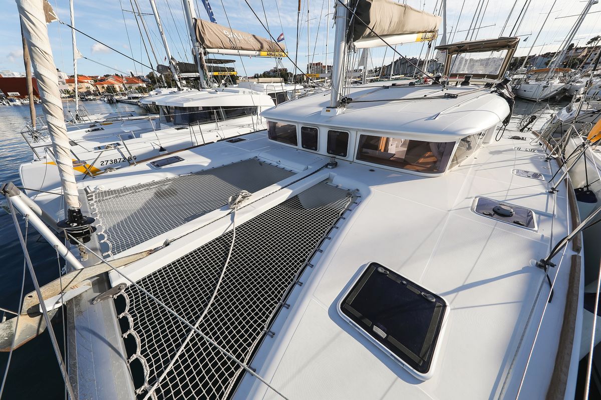 Deck of First Choice, a Lagoon 400 S2 catamaran at Grad Biograd na Moru, Croatia