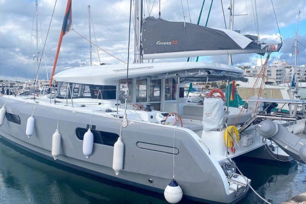 Exterior view of Kalevezi, a Excess 12 catamaran at Fethiye, Turkey