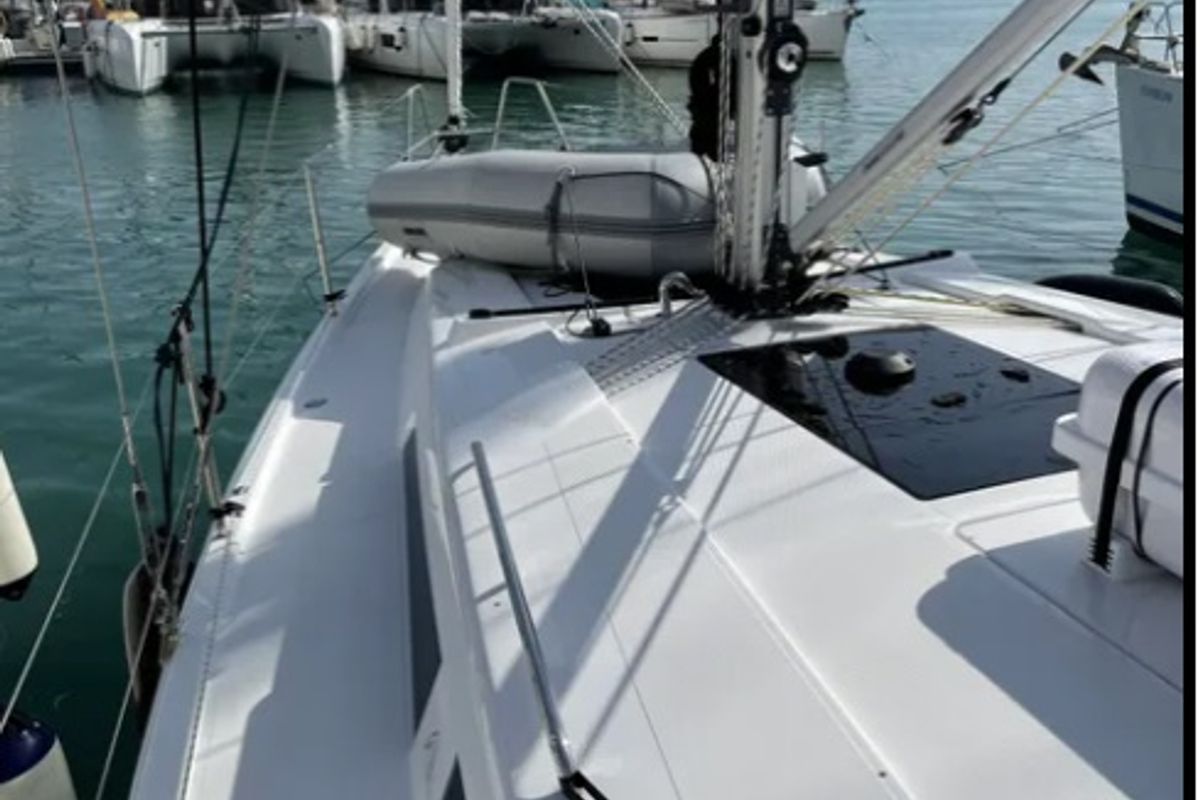 Deck of Medusa III, a Hanse Yachts Hanse 388 sailboat at Municipal Unit of Lefkada, Greece