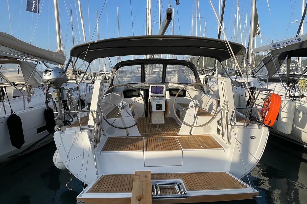 Exterior view of Medusa III, a Hanse Yachts Hanse 388 sailboat at Municipal Unit of Lefkada, Greece