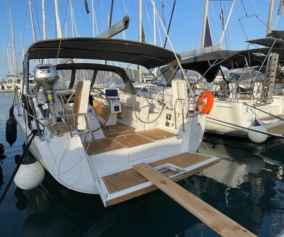 Exterior view of Medusa III, a Hanse Yachts Hanse 388 sailboat at Municipal Unit of Lefkada, Greece